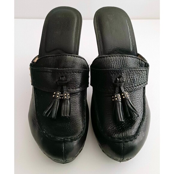 Michael Kors Blk Pebbled Leather Wood Heeled Clog Tassel Trim Sz 8 - Picture 2 of 9